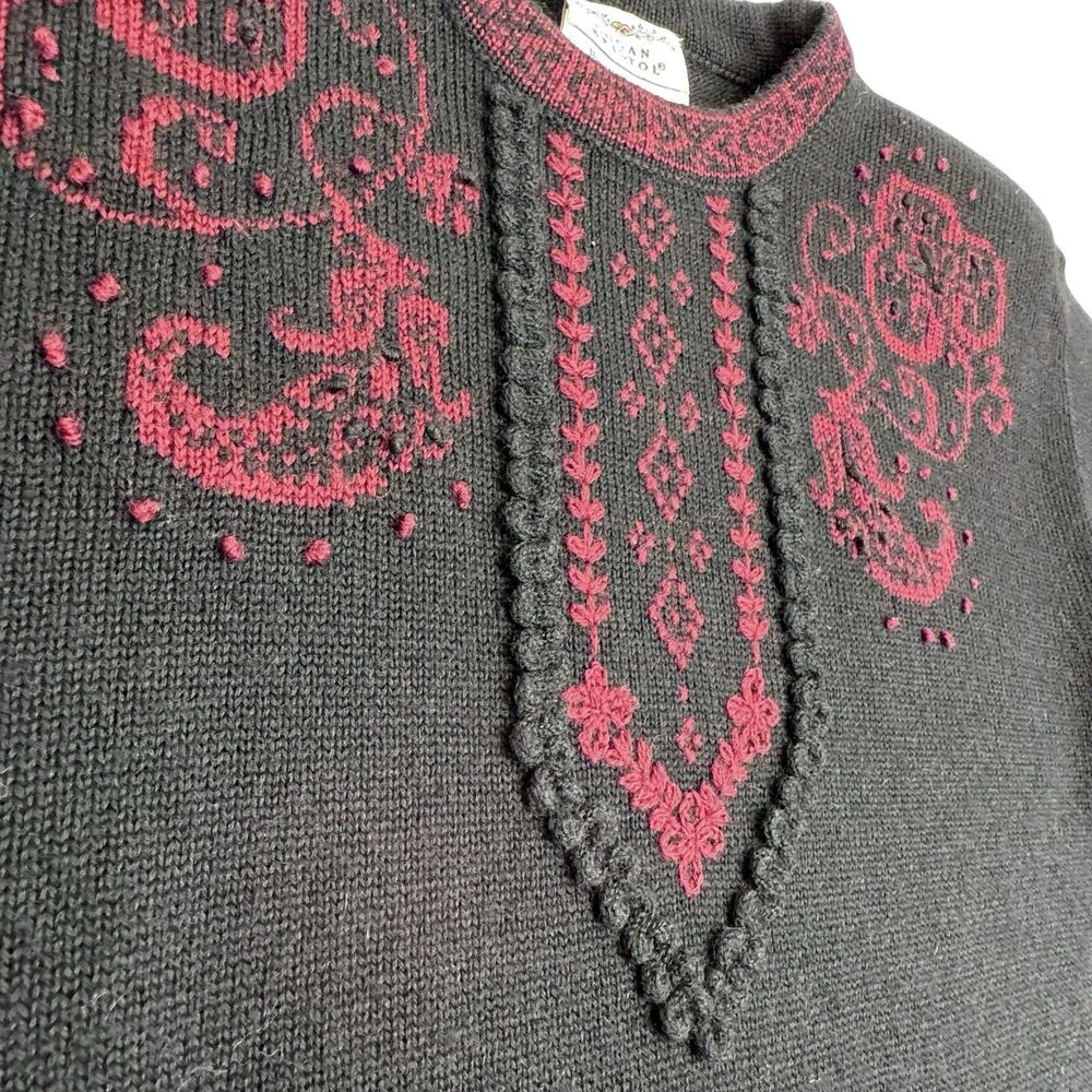 Vintage Susan Bristol Hand Embroidered Sweater Womens Med/EU 38 Black Red Wool - Picture 2 of 14